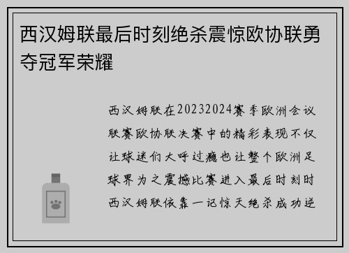 西汉姆联最后时刻绝杀震惊欧协联勇夺冠军荣耀 西汉姆联最后时刻绝杀震惊欧协联勇夺冠军荣耀
